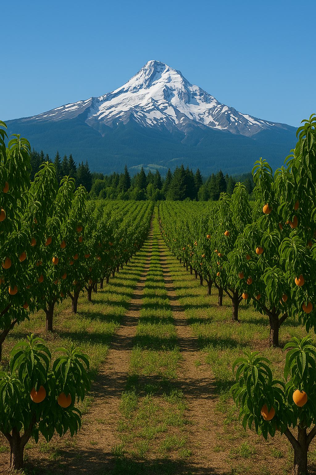 Peach orchard with full-size stone fruit trees